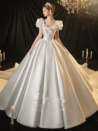Elegant Vintage Satin Wedding Dress Princess Cap Sleeves Long Train 2024 Handmade Flowers Pearls Beaded Pageant Bridal Gowns Arabic Custom Made Robe De Mariage 0510