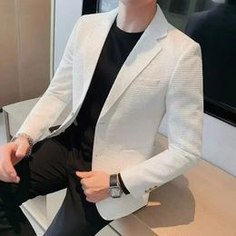 Waffle Suit Jacket Men Blazer Mature Style Casual Fit Korean Style Trendy Suit Jacket Solid Colour Business Fashion Coat Top 240123