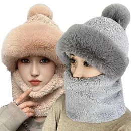 Beanie/Skull Caps Winter Scarf Set Hooded for Women Plush Neck Warm Russia Outdoor Ski Windproof Hat Thick Plush Fluffy Beanies YQ240207