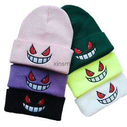 Beanie/Skull Caps 2023 Autumn Winter Hats For Women Warm Knitted Beanies Anime Cartoon Eyes Mouth Embroidery Caps For Men Hip Hop Bonnet Unisex YQ240207