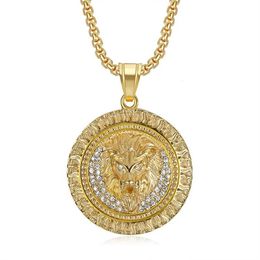 Punk Iced Out Lion Head Pendant Necklace Male Gold Colour Stainless Steel Chains For Men Round Animal Jewellery Drop 240127