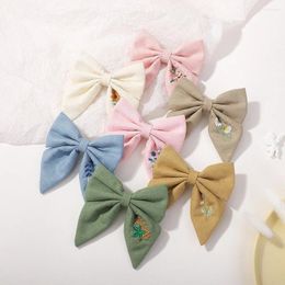 Hair Accessories 28 PCS/Lot 3.9" Cotton Linen Flower Embroidery Bow Clips Kids Girls Sailor Hairpins Baby Headwear