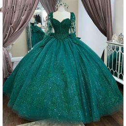 Long Emerald Green Sleeve Ruffles Crystal Quinceanera Dresses Ball Gown Sweetheart Appliques Beading Sweet 15 Vestidos De XV Anos