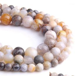 Jewellery Other Natural Bamboo Leaf Agates Stone Loose Round Ball Beads For Diy Necklace Bracelet Making Findings Bead Length 38Cm Dro Dhv3E