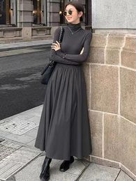 Casual Dresses Turtleneck Long Women Korean Fashion Pleated Dress Female French Elegant Solor Color Slim Ladies Vintage Vestidos