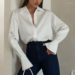 Women's Blouses Fashion Satin Solid Loose Shirt Office Lady White Long Sleeve Tops Autumn Casual Silk Top Women Elegant Clothes 28697
