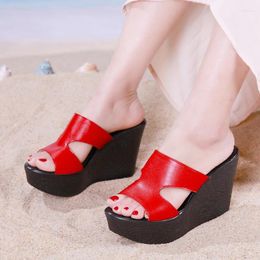 Slippers 11cm Small Size 33-43 Office Ladies Summer Platform Wedges 2024 Soft Leather Shoes Thick Bottom High Heels Slides Mom