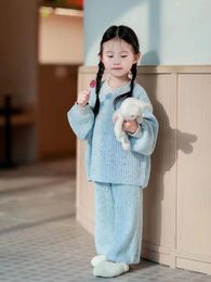 Jackets Korean Girls' Autumn And Winter Knitted Set Children's Sky Blue Colorful Highlights Sweater Versatile Wide Leg Pants