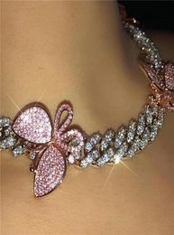 GLAMing Pink Cuban Link Butterfly Choker Necklace Chain Crystal Rhinestone Chokers Necklaces for Women Gold Collar Whole CX20072432783939