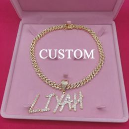 Custom Name Necklace with 9MM Zircon Cuban Chain for Women Men Sharp Bubble Letters Pendant Hip Hop Jewelry 240125