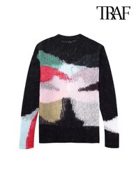 Women's Sweaters TRAF Women Fashion Colour Block Open Knit Sweater Sexy O Neck Long Sleeve Female Pullovers Chic Tops