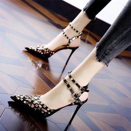 Sandals Thin Heel For Women 2024 Summer Korean Style Fashion Pointed Shallow Rivet Flat Button Hollow