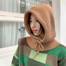 Beanie/Skull Caps Winter Hooded Neck Collar Knitted Hats Women Men Pullover Balaclava Warm Ring Scarf Beanie Adjustable Drawstring One-Piece Caps YQ240207