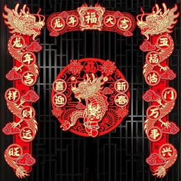 Dragon Spring Couplets 2024 Chinese Year Decorations Stickers Flocking Fu Character Door Window Ornament Home Decor Supplies 240119