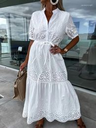 Party Dresses 2024 Spring White Dress Short Sleeve Hollow Out Boho Maxi Mujer Embroidery A-line Elegant Holiday Vestidos Hippie Robe