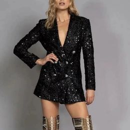 VNeck Suit Blazer For Women Black Double Breasted With Sequins Club Prom Party Slim Female Tops Jacket 240130
