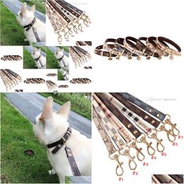 Dog Collars Leashes Fashion Designer Set Soft Adjustable Printed Leather Classic Pet Collar Leash Sets For Small Dogs Outdoor Dura Dhzuy