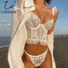 CINOON French Lingerie Sexy Women's Underwear Set Push Up Brassiere Lace Transparent Bra Panty Sets Wedding White Thin 240127