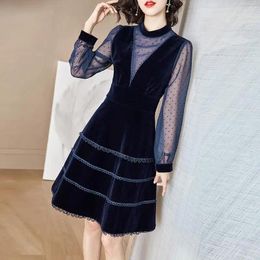 Casual Dresses Stylish Velvet Spliced Gauze Commute Autumn Winter Elegant Lace O-Neck Polka Dot Female Clothing A-Line Waist Midi Dress