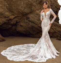 2024 Vintage Sleeves Lace Dresses New Beach Mermaid Bridal Gowns Backless Garden Wedding Dress With Long Train Sheer Neck Custom Made Vestidos De Soiree 403