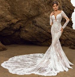 2024 Vintage long sleeves Lace Dresses new beach Mermaid Bridal Gowns Backless Garden Wedding Dress with Long Train Sheer Neck Custom Made Vestidos De Soiree