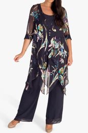 Women's Plus Size Matching Set Mother Of The Bride Black Chiffon Floral Print Irregular Hem Casual Summer Three Piece Pant Suit 240122