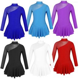 Stage Wear Kids Girls Long Sleeves Gymnastic Leotard Mock Neck Cutouts Back Figure Ice Skating Ballet Ballroom Dance Dress