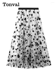 Skirts Tonval Elastic Waist Floral Flocking Mesh Long Skirt For Women Casual 2024 Spring 3XL 4XL Vintage Pleated Midi