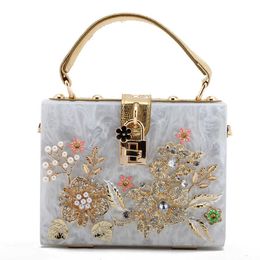 Handbag lock box bag inlaid with diamond flower acrylic small square bag Single Shoulder Messenger chain dinner women's bag 240207