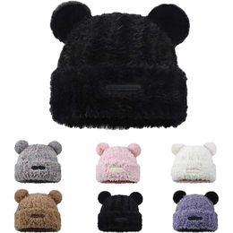 Beanie/Skull Caps Cute Fuzzy Bear Ear Beanie Hat for Women Skin-Friendly Plush Warm Woollen Hat Winter Faux Fur Animal Knitted Hat Cap YQ240207