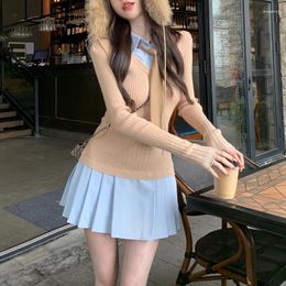 Casual Dresses Polo Collar Contrast Color Patchwork Knit Long-sleeved Dress Women 2024 Spring Korean Sexy Slim Pleated Mini With Tie