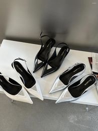 Sandals Pointed Toe Women Black White Silver Summer Dress Thin Mid Heels Back Strap Elastic Sexy Wedding Pumps Size 39