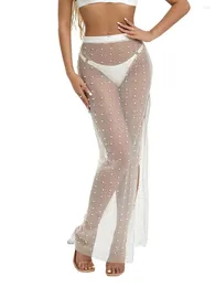 Skirts Women Cover Up High Waist Pearl Beaded Solid Colour See-Through Beach Long Fairycore Y2K Sheer Mesh Cover-Ups