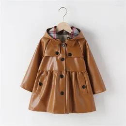 Jackets Lovely Kids Girls Hooded Jacket PU Leather Long Sleeve Button Closure Fall Winter Casual Outwear With Pocket 2-7Years