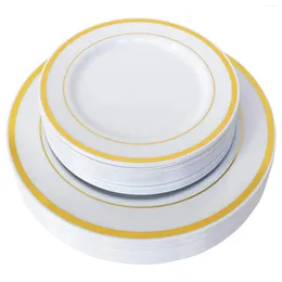 Disposable Dinnerware 50 Pcs Gold Plastic Plates Party With Rim For And Wedding Include 25 Dinner Salad
