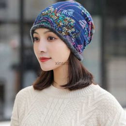 Beanie/Skull Caps Vintage Embroidered Winter Warm Beanie Cap Plus Velvet Soft Bonnet Bandanas Hat YQ240207