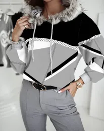 Women's Hoodies Wool Collar Pullover Hoodie Autumn Winter Long Sleeved Top Fashion Geometric Print Fluffy Drawstring