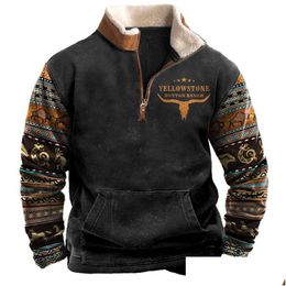 Men'S Hoodies Sweatshirts Mens Vintage Pattern Print Wool Lapel Men Casual Loose Long Sleeve Zipper Plover Spring Clothes Leisure Dhar7