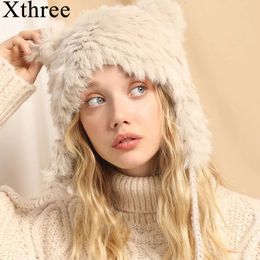 Xthree Rabbit Fur Hat Knitted Winter Balaclava With Ears Caps Women Bomber Hat Ear Flap Cap Casual Winter Trapper Hats Female 240127