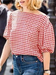 Women's Blouses VONDA Elegant Blouse 2024 Fashion Plaid Tops Summer Sexy Skew Collar Shirts Women Short Puff Sleeve Casual Loose Blusas