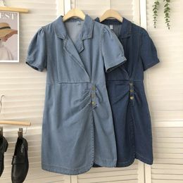 Party Dresses Korean Style Short Sleeve A-Line Mini Denim Dress Women Summer Notched Neck Side Single-Breasted Blue Jean 2024