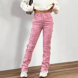 Women's Jeans Denim For Women Straight Leg Pants Stretch Patch Stacked Ladies Female Clothes Trousers
