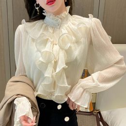 Vintage Ruffles Clothes Elegant Lace Blouse Women Spring Stand Collar White Chiffon Shirt Long Puff Sleeve Loose Tops 129 240130