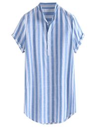 Mens Striped Cotton Linen Henry Colla Loose Short Sleeve Casual Buttons Shirt Blue Stripe style comfortable6531537