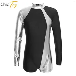 Stage Wear Gymnastics Leotard Kids Metallic Colour Block Ballet Dance Jumpsuit For Girls Teen Long Sleeve Acrobatics Figure Skating Bodysuit