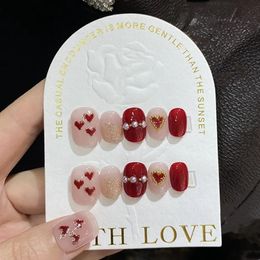 Handmade Red Nails Set Press on Short Korean Star Fake Nails with Glue Hand Paint Design Acrylic Full Cover Nail Tips for Girls 240129