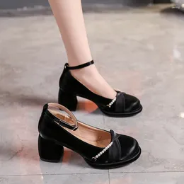 Dress Shoes Beaded Women Mary Janes 2024 Summer Elegant Designer Brand High Heels Chunky Round Head Pumps