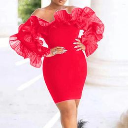 Casual Dresses Sexy Red For Women Off The Shoulder Full Sleeve Sheath Package Hips Knee Length Elegant Birthday Party Dinner Vestidos