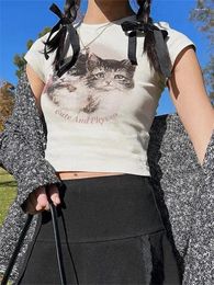 Women's T Shirts 2024 Summer T-shirt Crop Tops Women Short Sleeve O Neck Slim Fit Tee Cute Cat Print Gothic Aesthetic Korean Fashion
