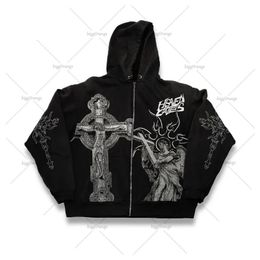 Y2K street hiphop clothing cross loose zipper hoodie womens trend retro jacket Harajuku high oversized sweatshirt women 240201